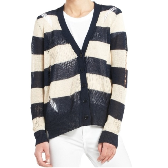 BCBGMaxAzria Ripped Reyes Distressed Cardigan. Navy Tan Size XS #1285 - Picture 1 of 9